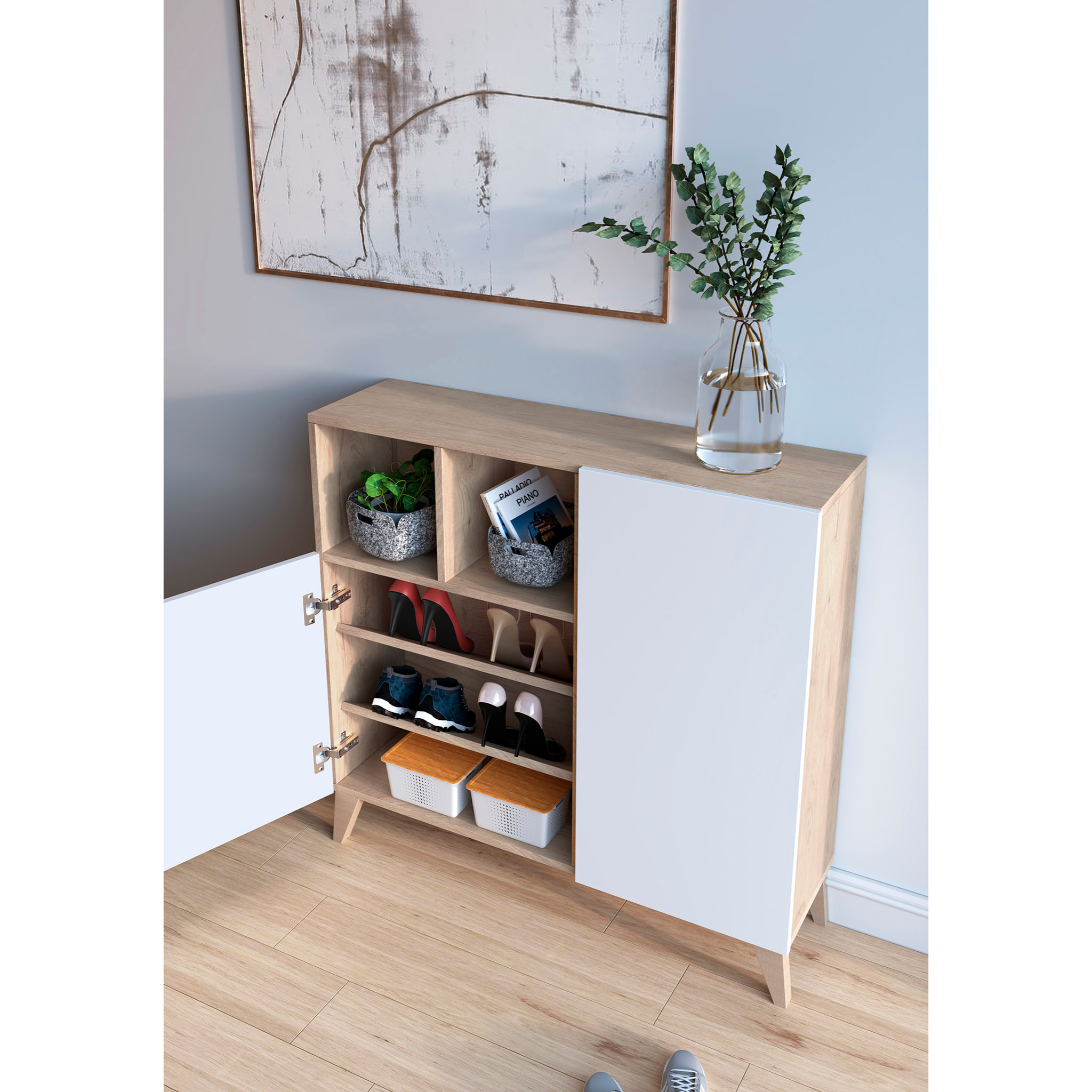 Zapatero Oslo melamina roble claro puertas blanco 87x90x27 cm