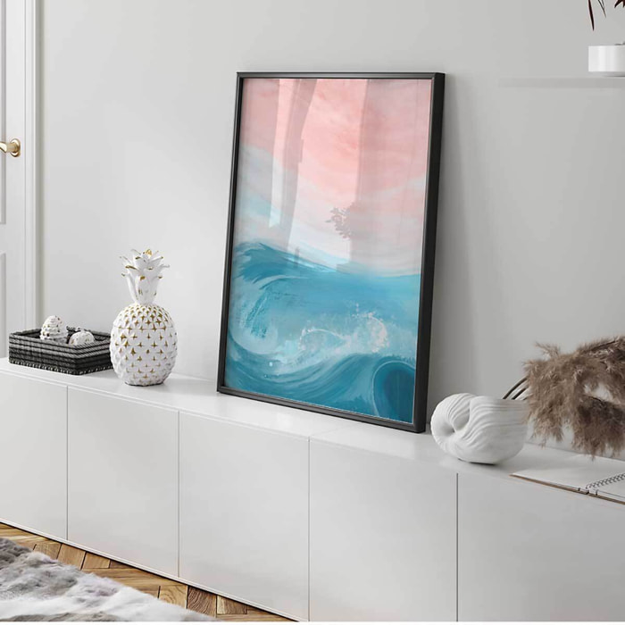 Affiche encadrée abstraite vague bleu et rose Affiche + cadre en métal - Noir
