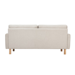Canapé design 3 places en tissu effet velours texturé beige et bois clair BONO