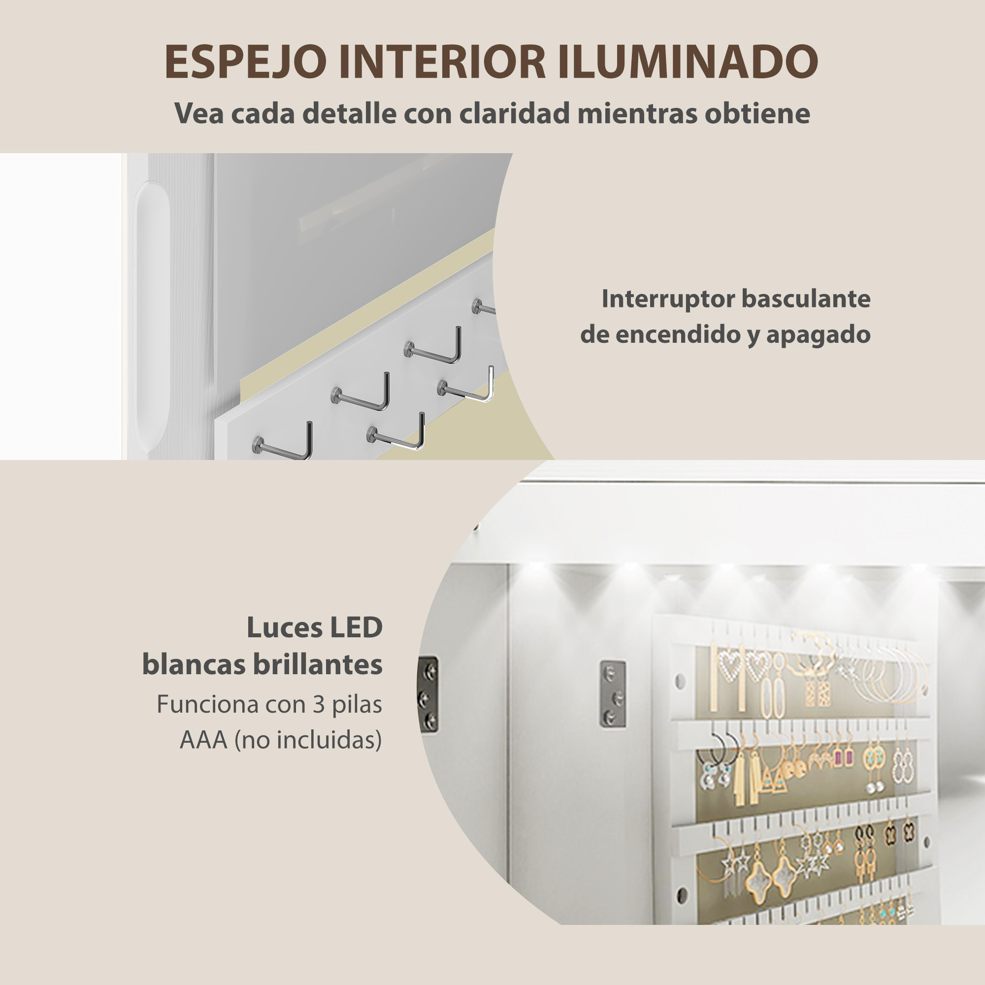 Espejo Joyero con Luz LED, Armario Joyero Montado en la Pared o en la Puerta, Armario para Joyas con Cerradura, Espejo Entero, 2 Cajones, Blanco