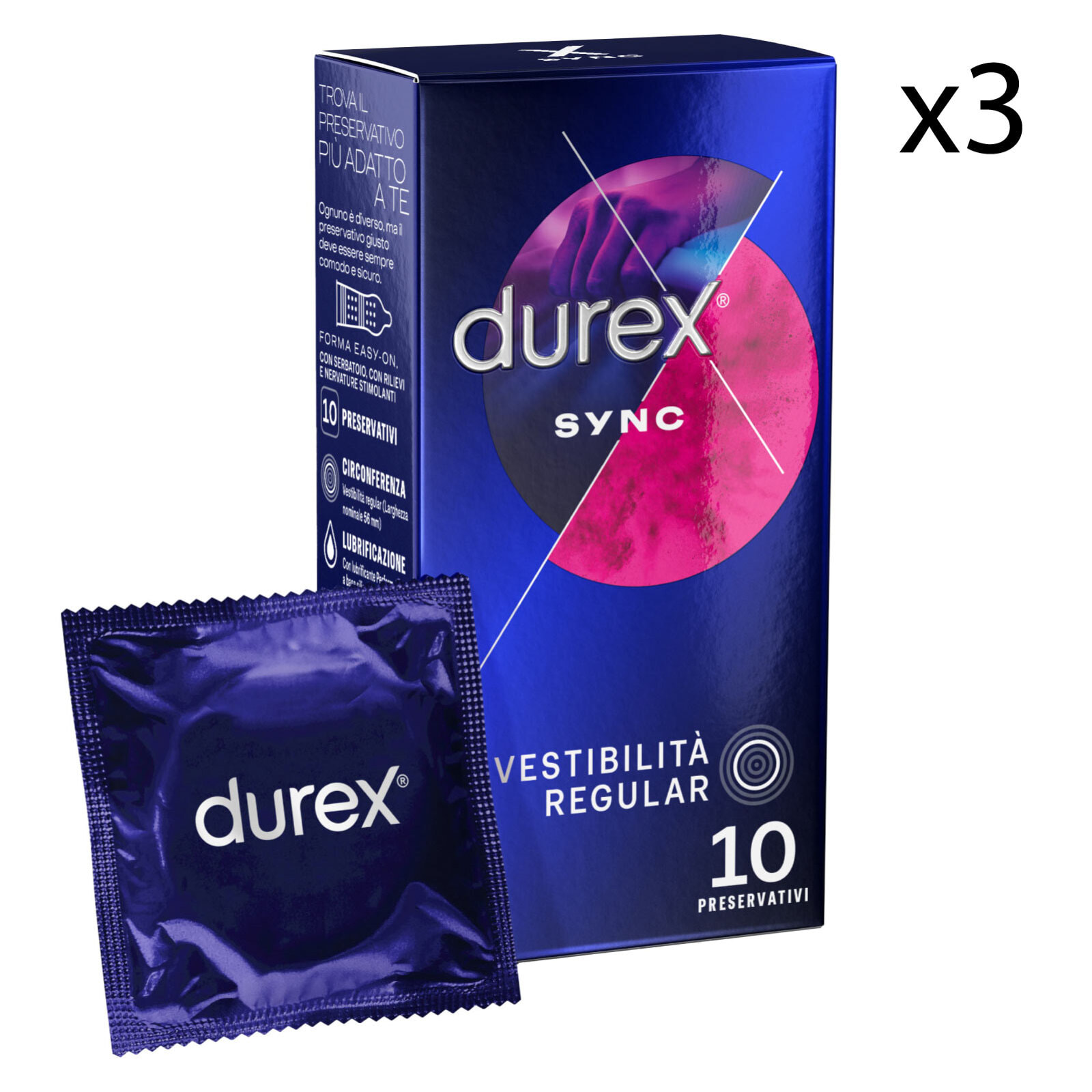 3x Preservativi Durex Sync con Forma Easy On Stimolante e Ritardante - 3 Confezioni da 10 Profilattici