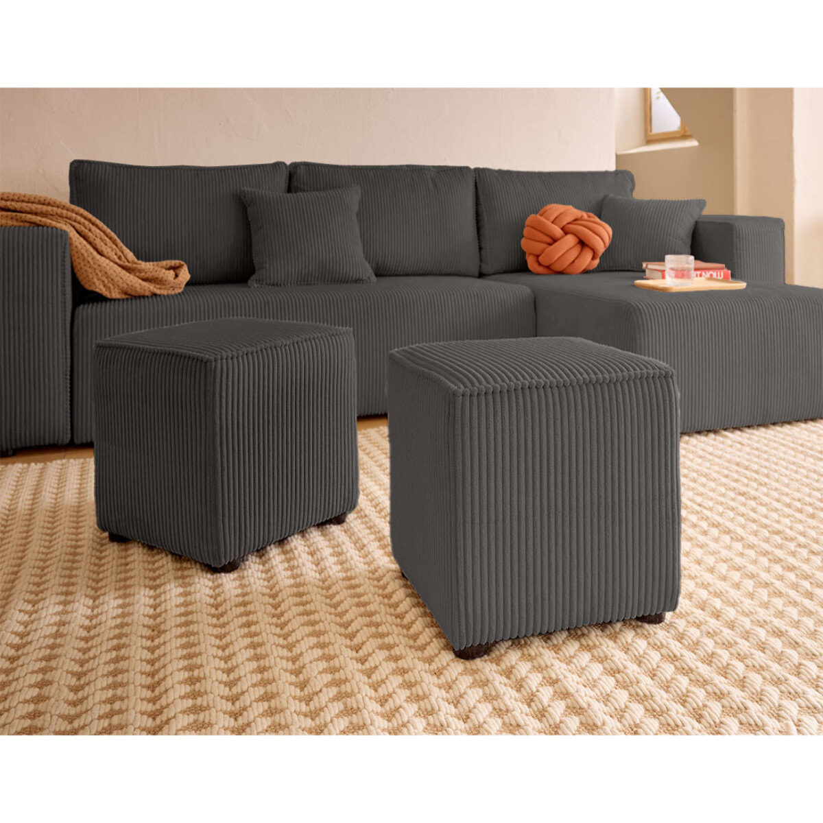 Topaze - canapé d'angle réversible 4 places - convertible avec coffre, tablette et poufs - en velours côtelé - Gris
