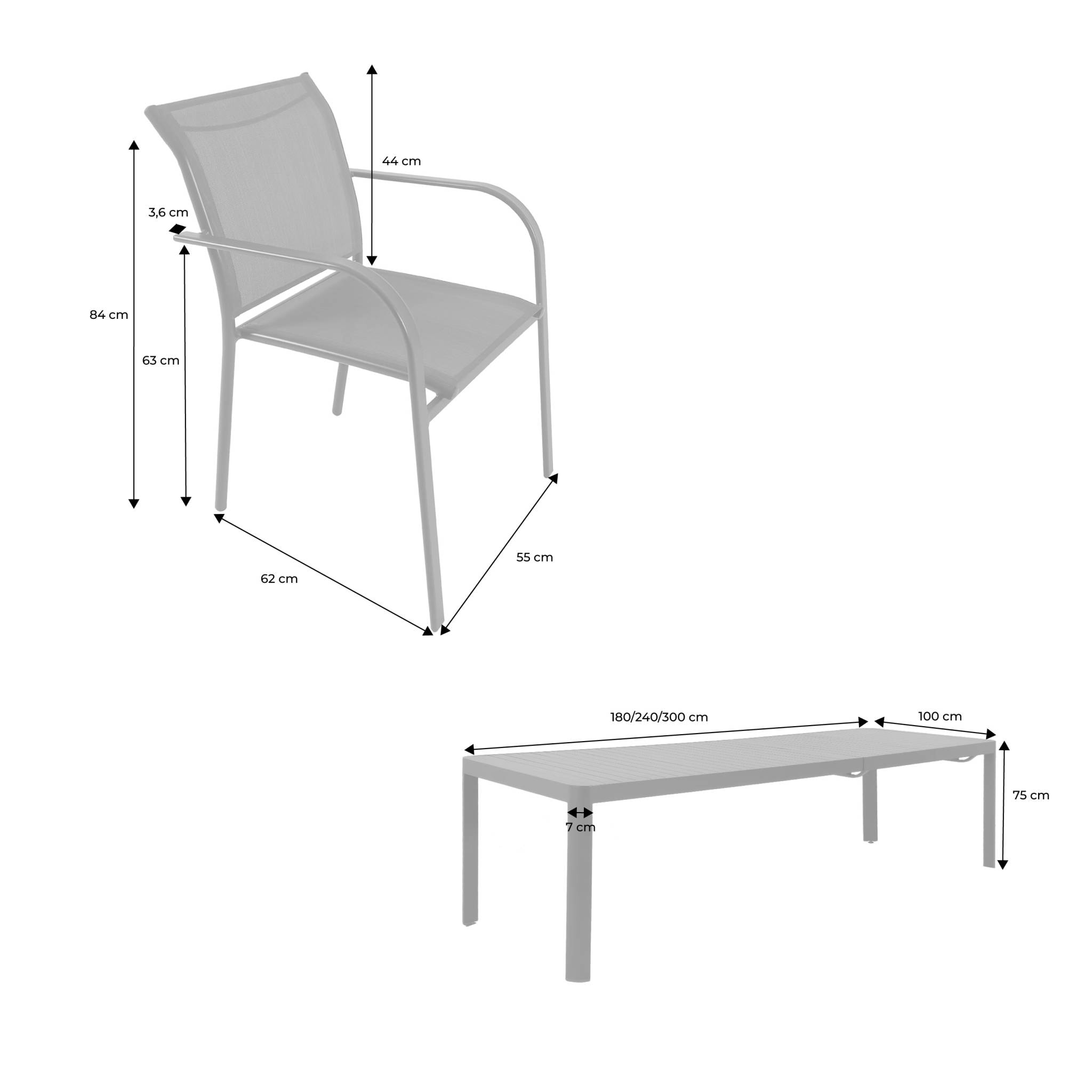 Table de jardin extensible aluminium + 10 assises LUNEA + AMARA
