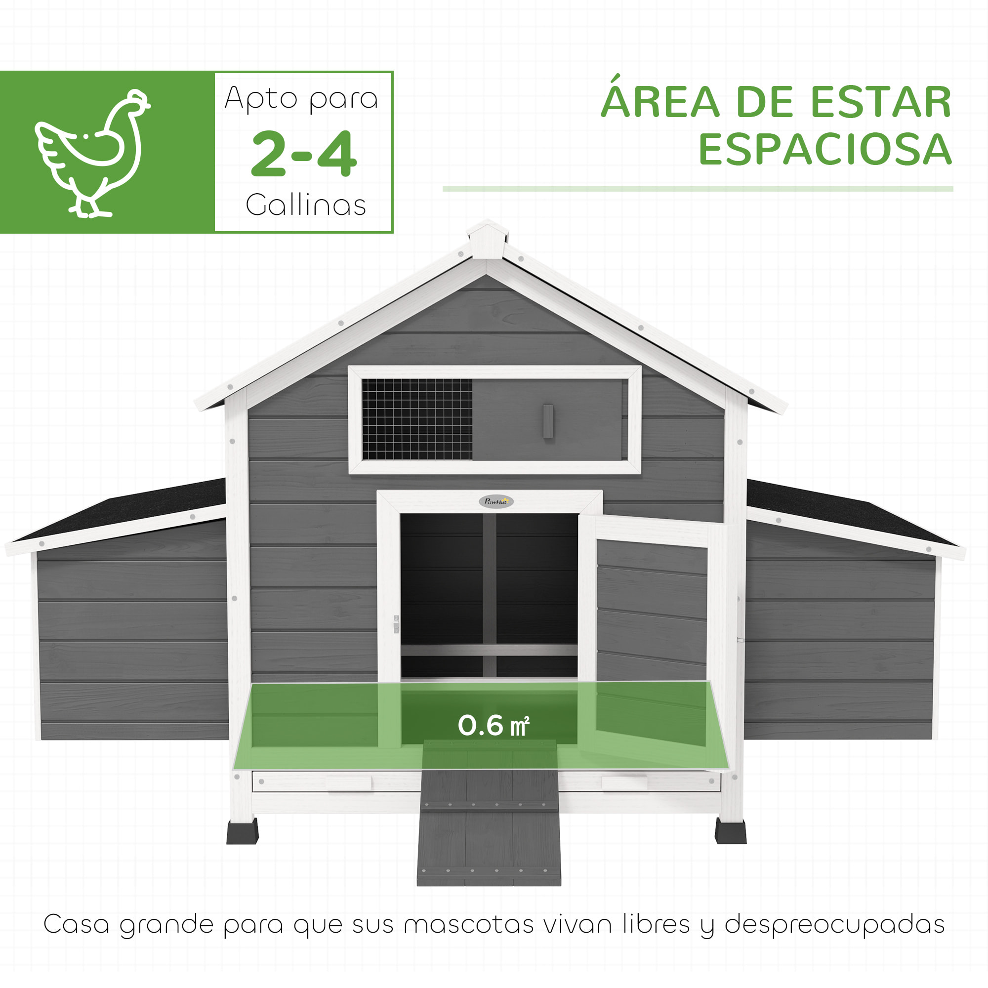 Gallinero para Exterior Gallinero de Madera para 2-4 Gallinas con 2 Nidos Bandeja Extraíble Techo Abatible 150x100x96,5 cm Gris y Blanco
