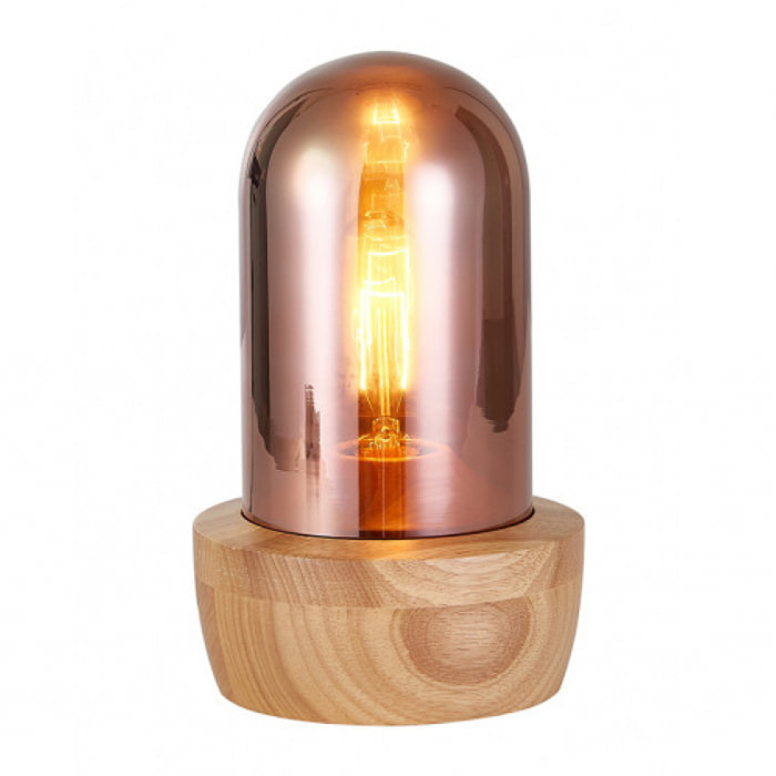 Lampe à poser en verre teinté couleur cuivre et socle bois - CARLA
