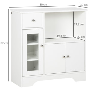 HOMCOM Aparador de Cocina Moderno con Puerta de Vidrio Cajón Estante Abierto y Baldas Ajustables Mueble Auxiliar de Almacenaje para Comedor Salón 80x30x82 cm Blanco