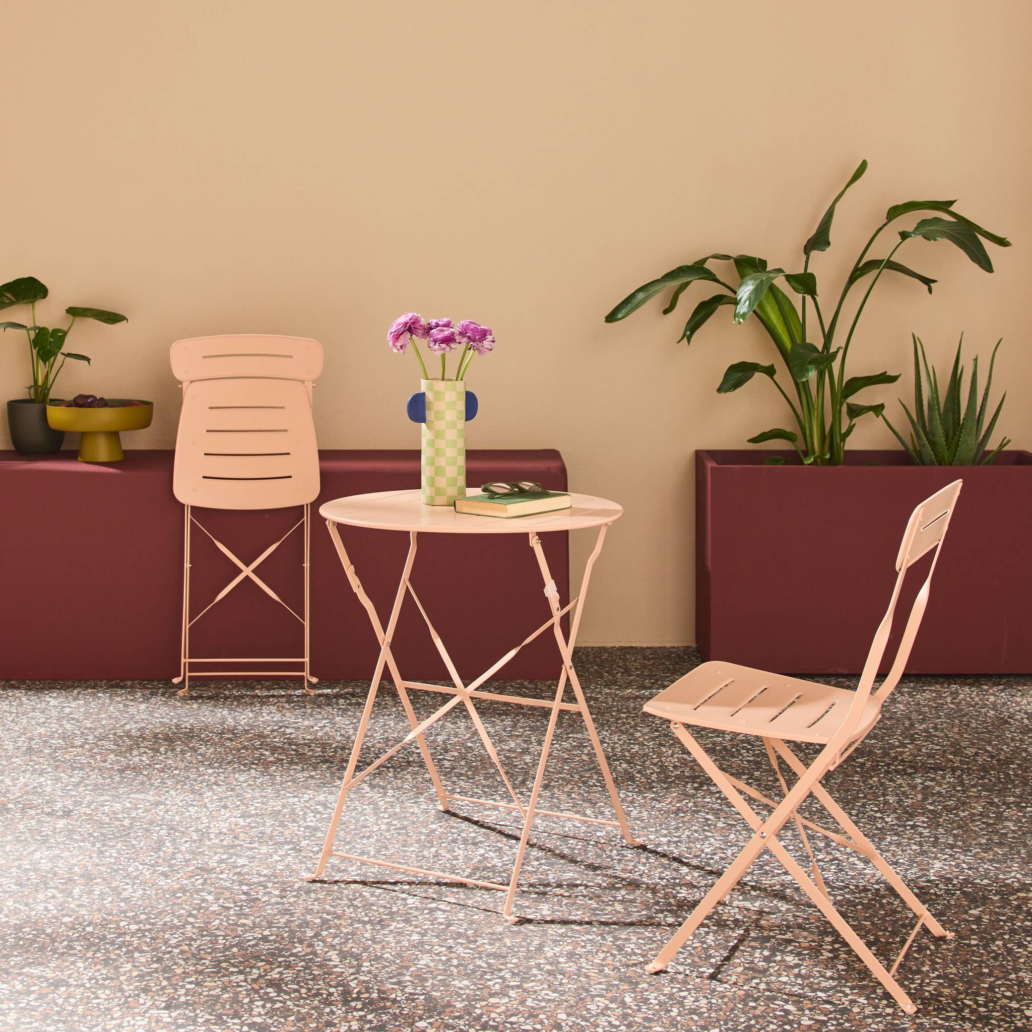 Table de jardin bistrot pliante ronde acier + 2 assises BALCONEA