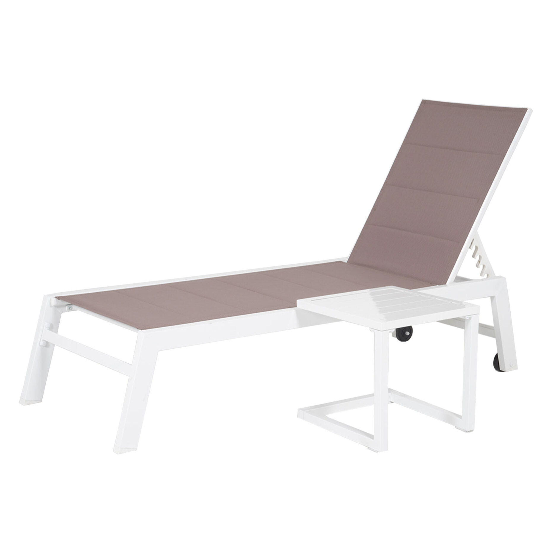 Set bain de soleil et table d'appoint BARBADOS en textilène taupe - aluminium blanc