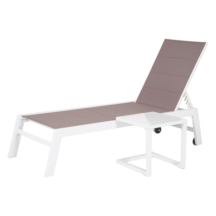 Set bain de soleil et table d'appoint BARBADOS en textilène taupe - aluminium blanc