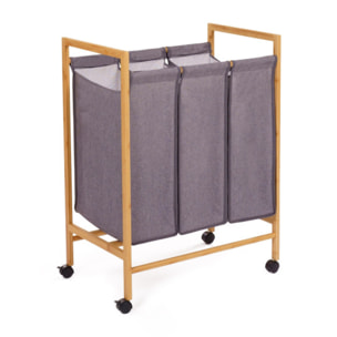 Panier à linge 3 compartiments Maya en bambou avec roulettes