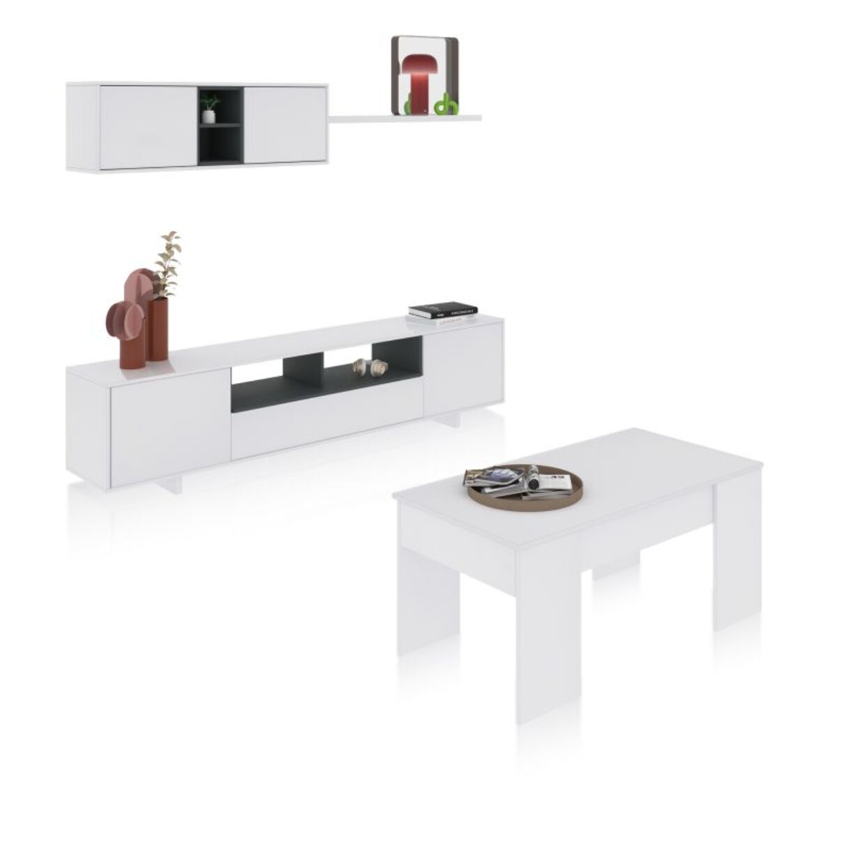 Pack salón con mesa de centro Kenzo Plus V2 Blanco Brillo - Gris Antracita