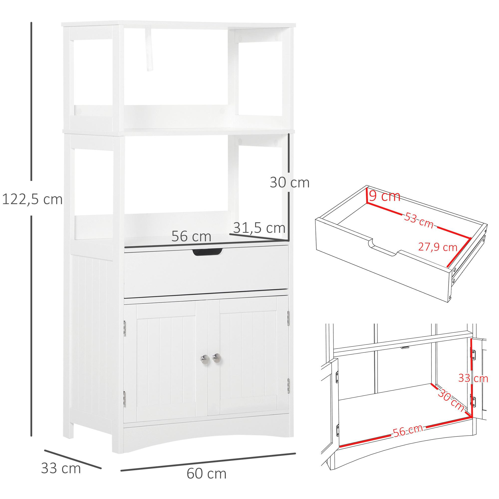 kleankin Armario de Baño con 3 Estantes Cajón y 2 Puertas Mueble de Almacenamiento de Suelo Moderno para Cocina Dormitorio Salón 60x33x122,5 cm Blanco