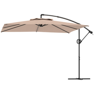 Parasol déporté carré 3 x 3 m réglable piètement croix manivelle tissu haute densité 180g/m² UPF50+ kaki