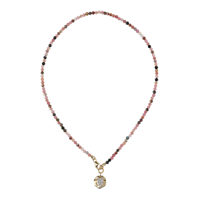 Collana Girocollo in Tormalina Multicolore e Ciondolo Martellato con Cuore Pavé in Cubic Zirconia