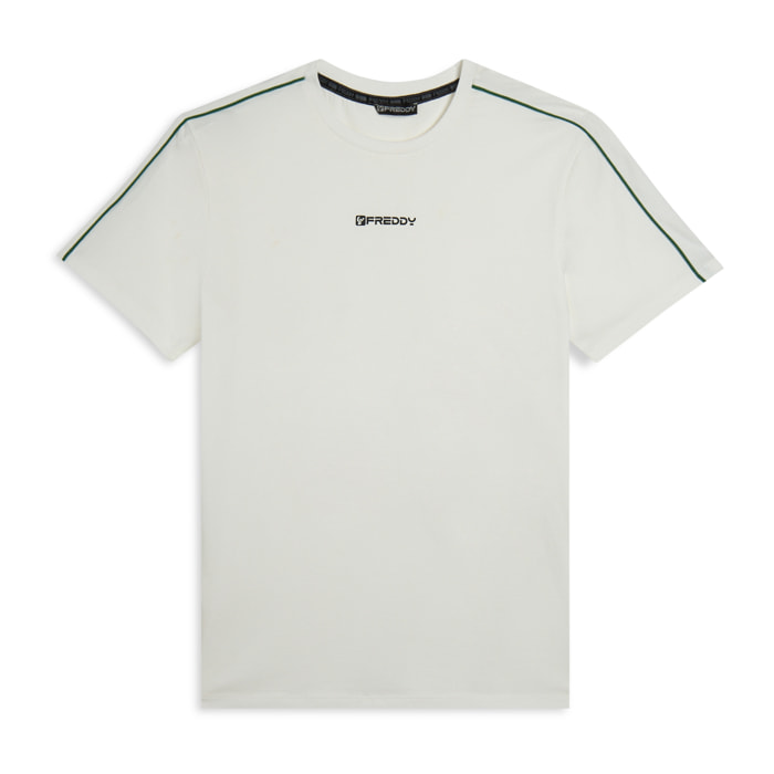 T-shirt in jersey stretch con cuciture in contrasto