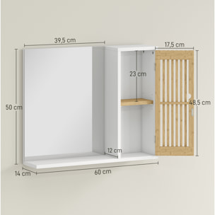 Espejo de Baño 60x50 cm, Espejo de Pared con Puerta de Listones de Bambú, Estantes de Almacenaje, Blanco y Natural