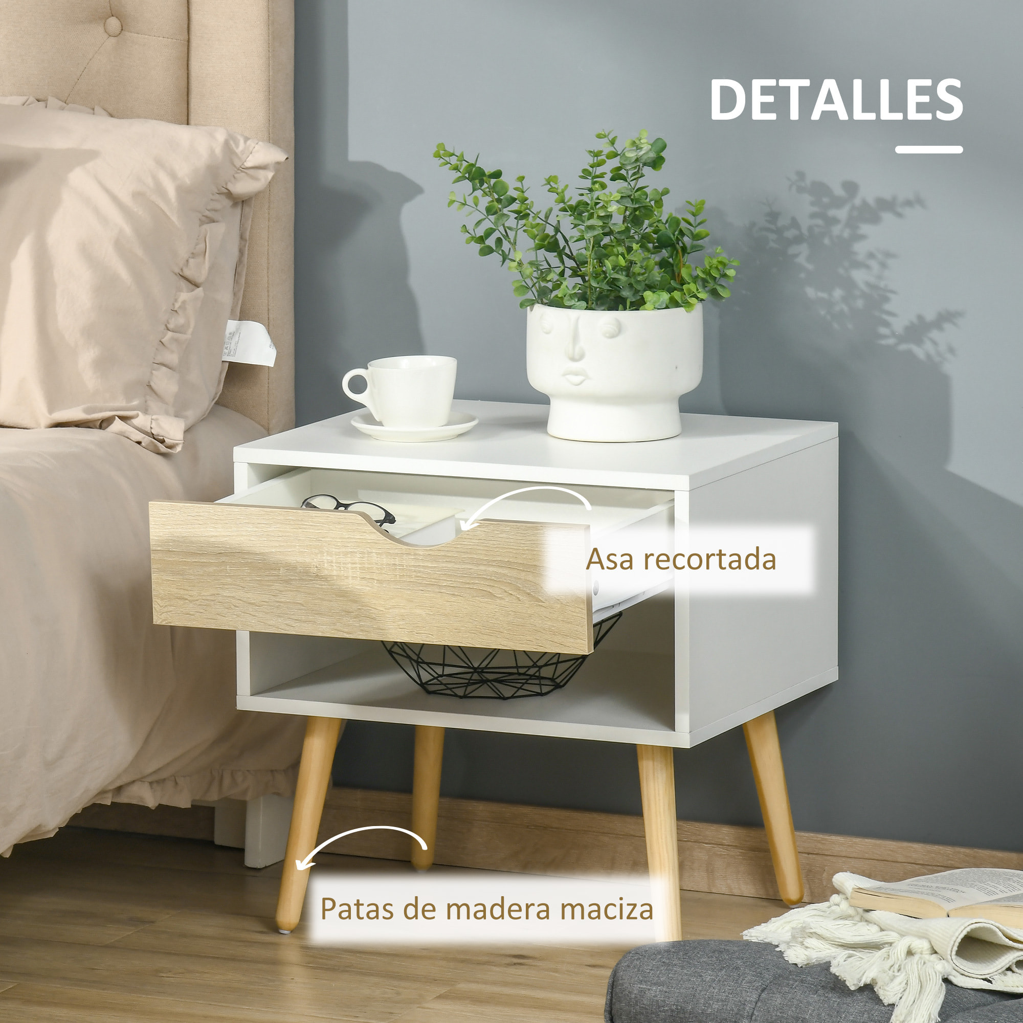 Set de 2 Mesitas de Noche Mesa Auxiliar con 1 Cajón y Estante de Almacenamiento para Dormitorio Salón Cama Oficina Estilo Moderno 50x39x51 cm Blanco y Roble