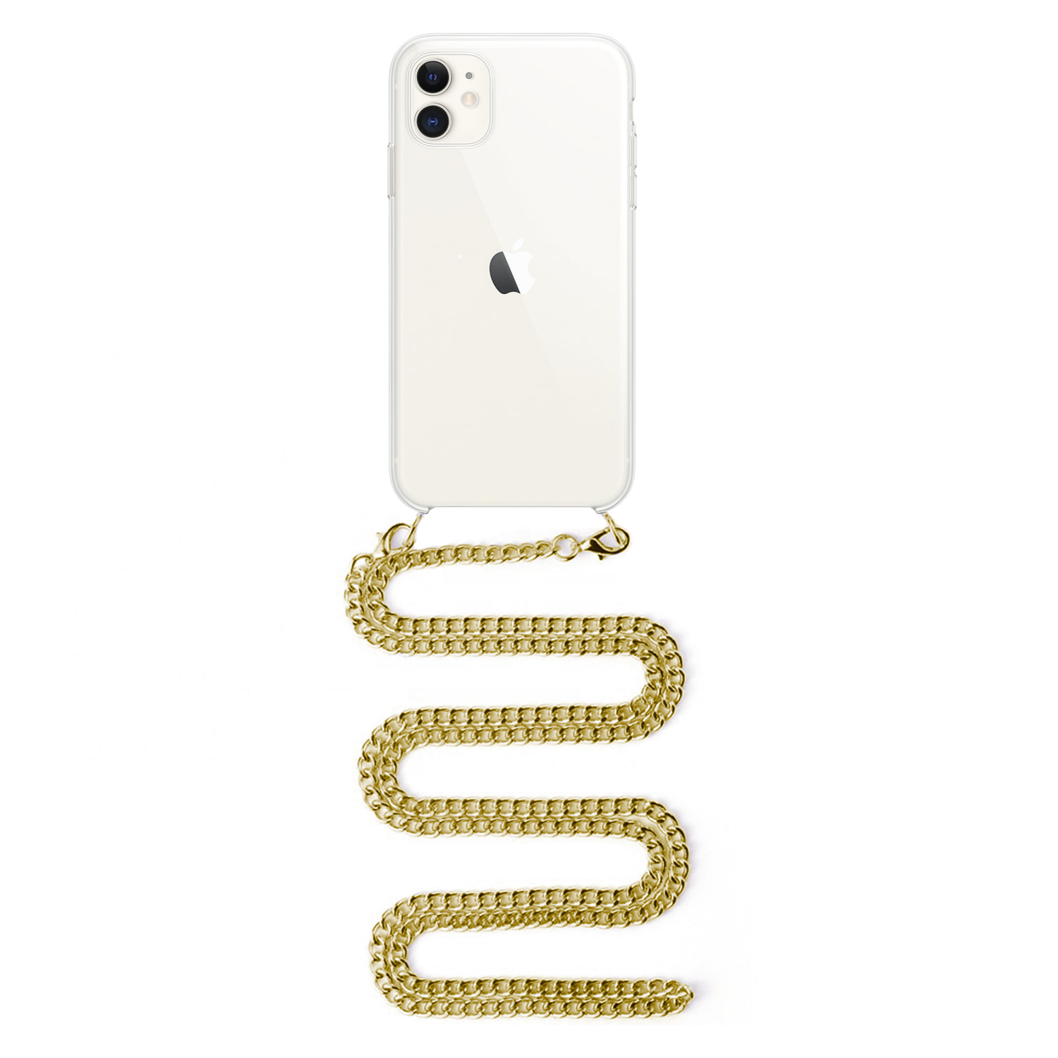 Carcasa transparente iPhone 11 con colgante cadena metálica. Accesorio de moda, ajuste perfecto y máxima protección