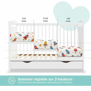 Lit Bébé Évolutif Margot 60x120 cm en Bois, Blanc, Avec Tiroir intégré, Sommier Réglable 3 Hauteurs, Barreaux Amovibles