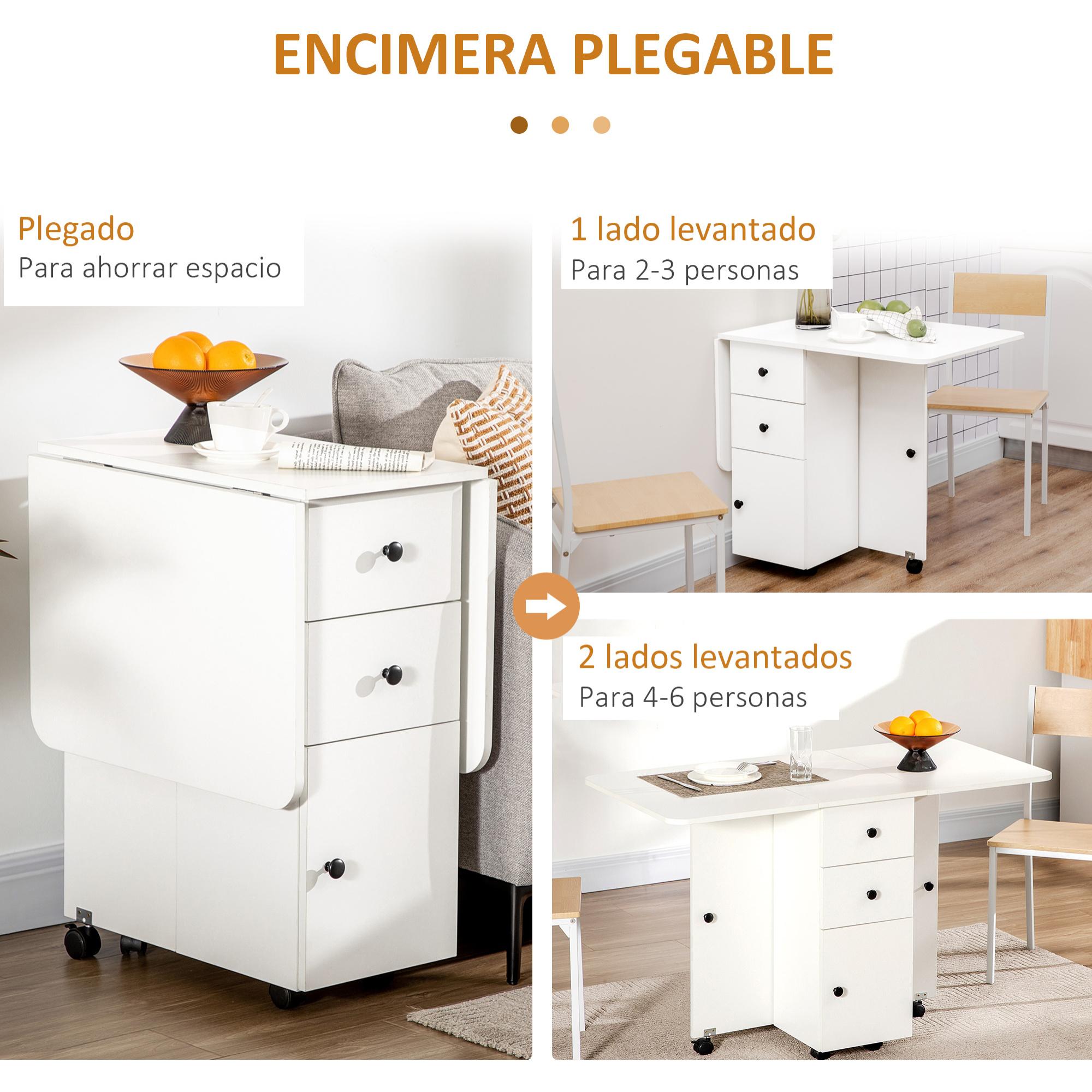 HOMCOM Mesa de Comedor Plegable con Ruedas Alas Abatibles 2 Cajones y Armario Mesa Auxiliar Multifuncional para Estudio Cocina 120x60x76,5 cm Blanco