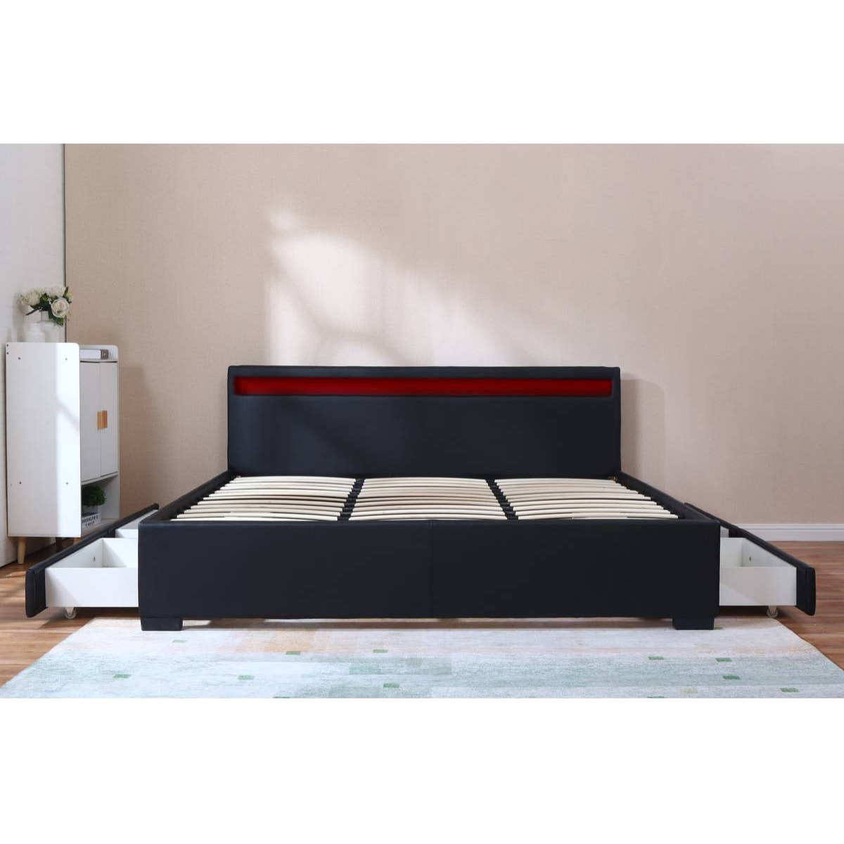 LIT LED double avec 4 tiroirs "Nico" - 180 x 200 cm - Noir