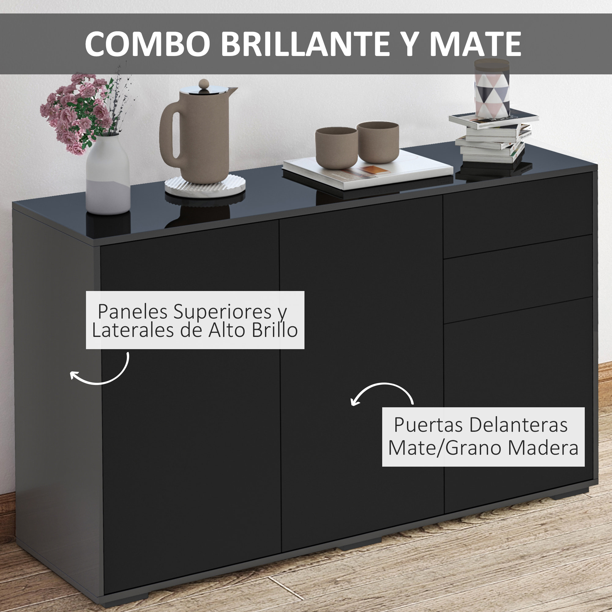 Aparador para Salón Aparador de Entrada con 3 Puertas 2 Cajones y Estante Ajustable Armario de Almacenamiento para Cocina Sala 117x36x74 cm Negro