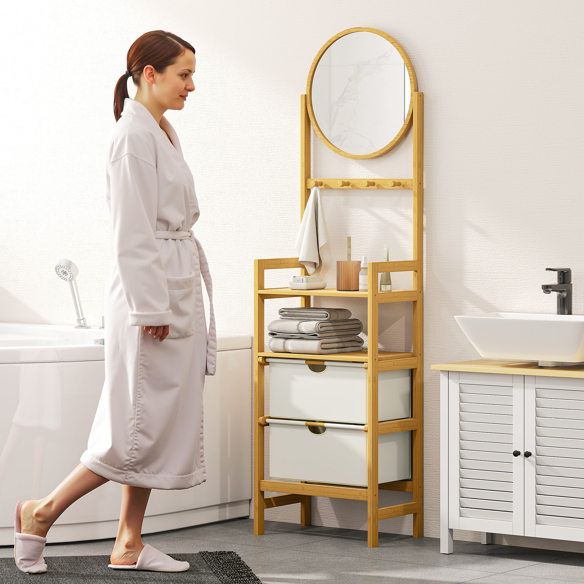 Estantería de Baño de Bambú con Espejo Estantería de Almacenaje con 4 Ganchos 2 Estantes Abiertos y 2 Cajones de Tela para Cocina Baño Salón 48,5x30x170 cm Natural