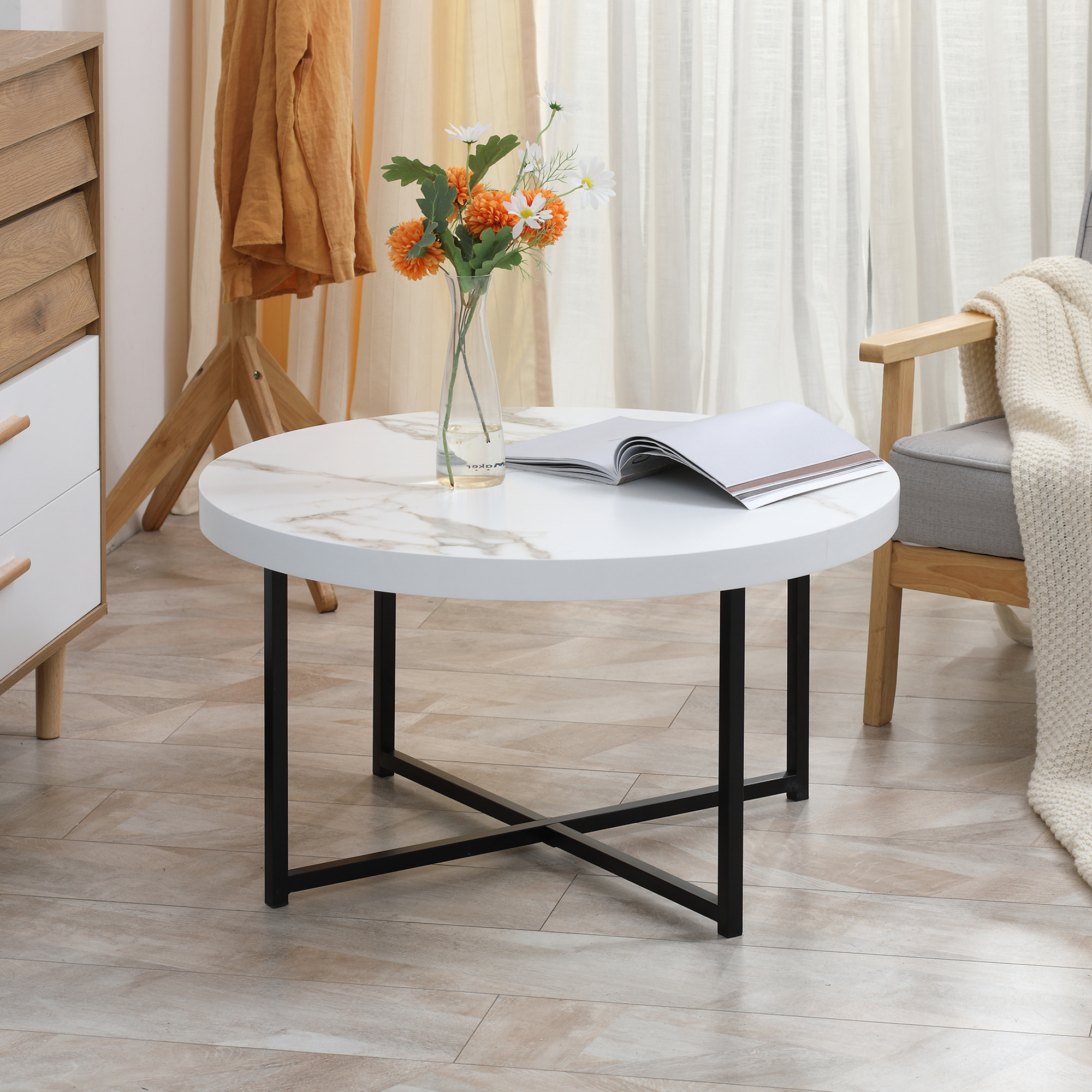 Mesa de Centro con Encimera Símil Mármol Marco de Metal para Oficina 80x80x45 cm