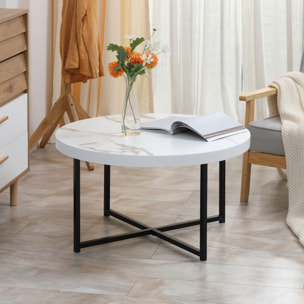 Mesa de Centro con Encimera Símil Mármol Marco de Metal para Oficina 80x80x45 cm