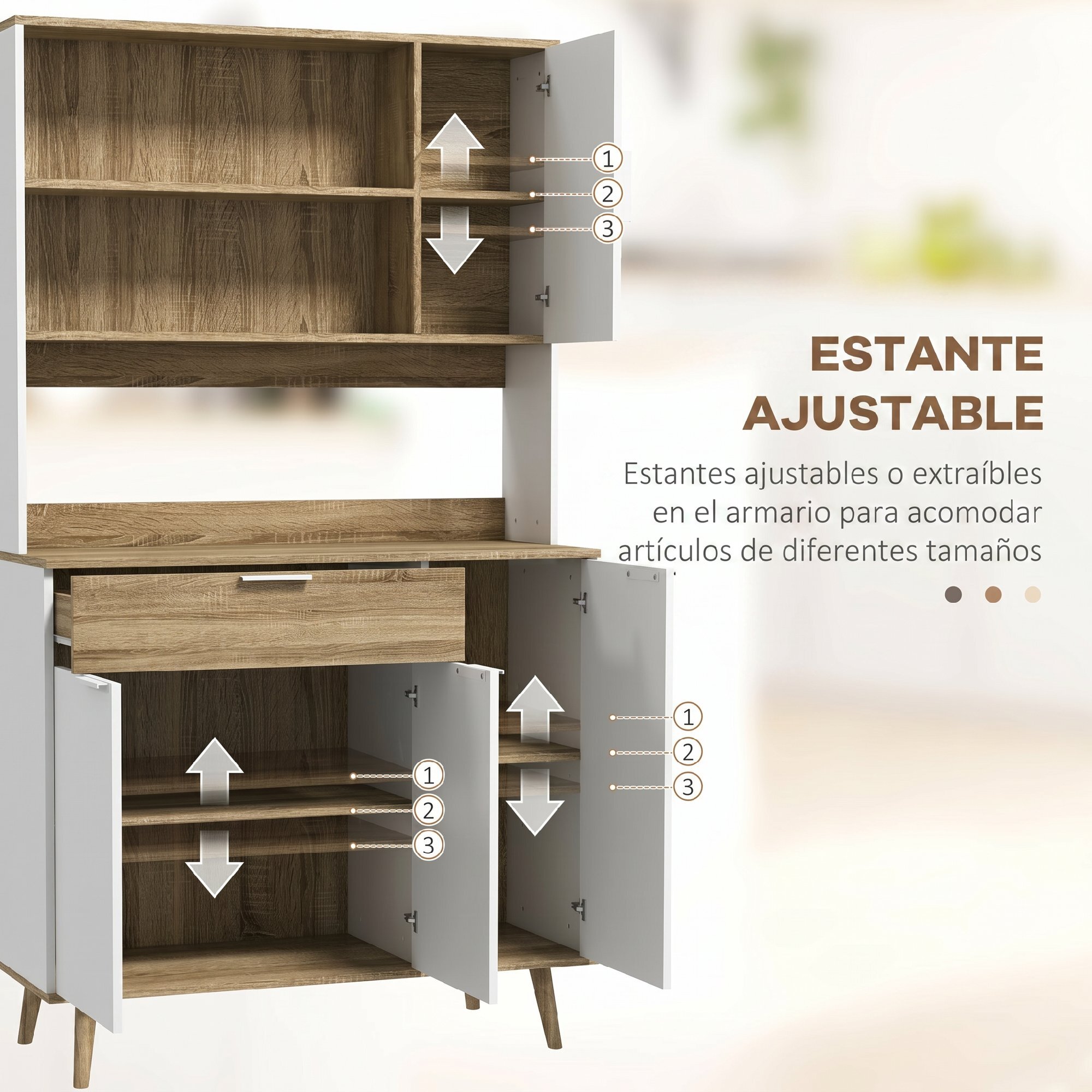 Alacena de Cocina Alta, Mueble Auxiliar de Cocina con 4 Puertas, Estantes Ajustables, Cajón, Compartimentos Abiertos, 98x39x180 cm, Blanco y Natural