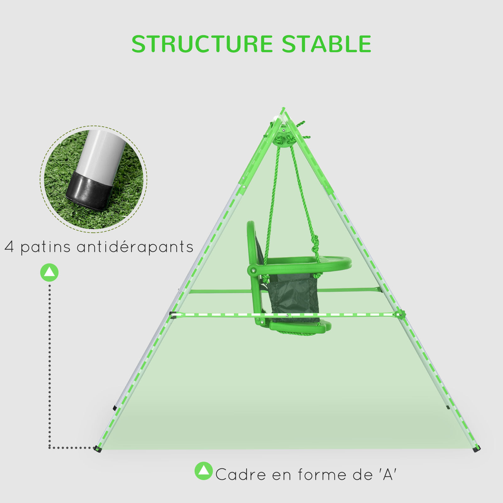 Portique balançoire enfant 6-36 mois - siège haut, accoudoirs, ceinture sécurité 2 points, barre protection - métal époxy blanc vert