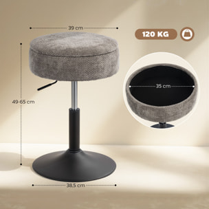 Taburete de Bar con Almacenaje, Altura Ajustable, Taburete de Cocina Redondo, Giratorio, Tapizado en Chenilla, Base de Acero, Diseño Botones, Acolchado, para Salón, Comedor, Oficina, Gris