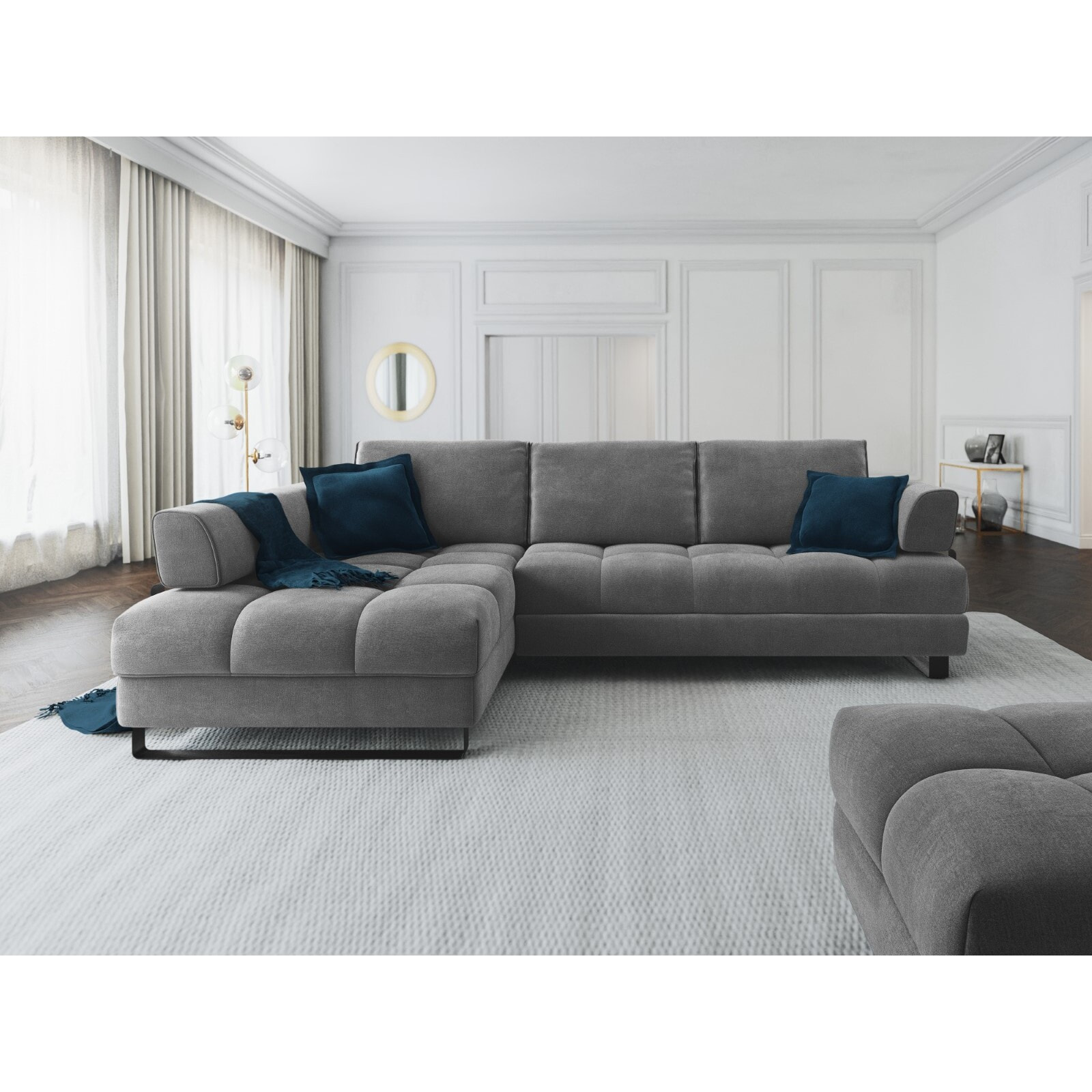 Canapé d'angle gauche convertible avec coffre de rangement "Clinton" 5 places en velours gris foncé