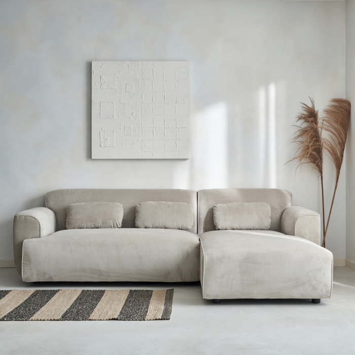 Canapé d'angle droit. 2 à 3 places. velours côtelé beige. Wallas L 196 x P 151 / 91 / x H 73cm