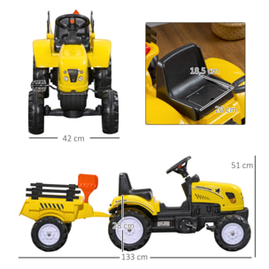 Tractor a Pedales para Niños de 3 Años con Remolque Juguete de Montar Coche de Pedales Carga 35 kg 133x42x51 cm Amarillo