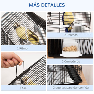 Jaula para Pájaros 39x33x47 cm Pajarera Metálica con 3 Puertas 2 Comederos 2 Perchas Columpio Bandeja Extraíble y Asa de Transporte para Canarios Periquitos Negro