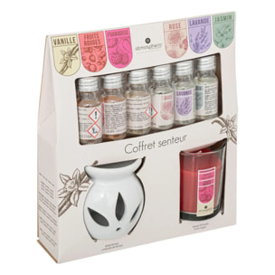 Coffret senteur - brûle - parfum - 6 huiles - bougie fruits rouges