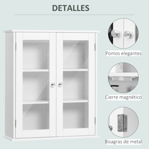 kleankin Armario de Pared Baño de 2 Puertas de Cristal Armario Colgante Multiusos para Cocina Salón con Estantes Interiores y Balda Ajustable 55x20x65 cm Blanco