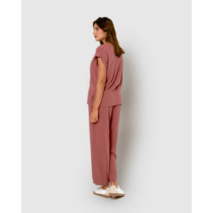 Pantalón largo mujer bambula detalles plisados rosa