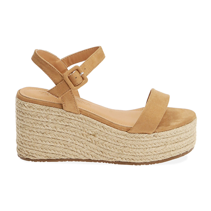 Sandali cognac in microfibra, zeppa 8,5 cm