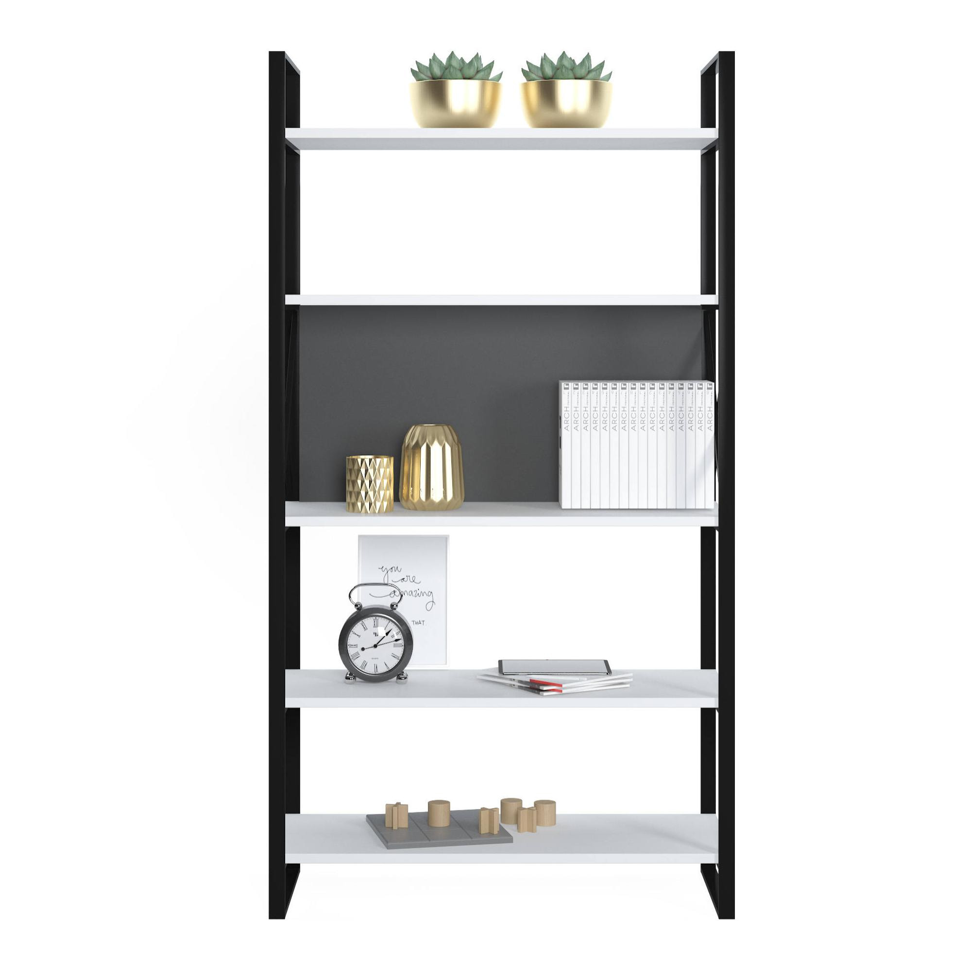 Libreria con cinque ripiani sviluppata in altezza, cm 86 x 35 x 160, colore bianco e antracite