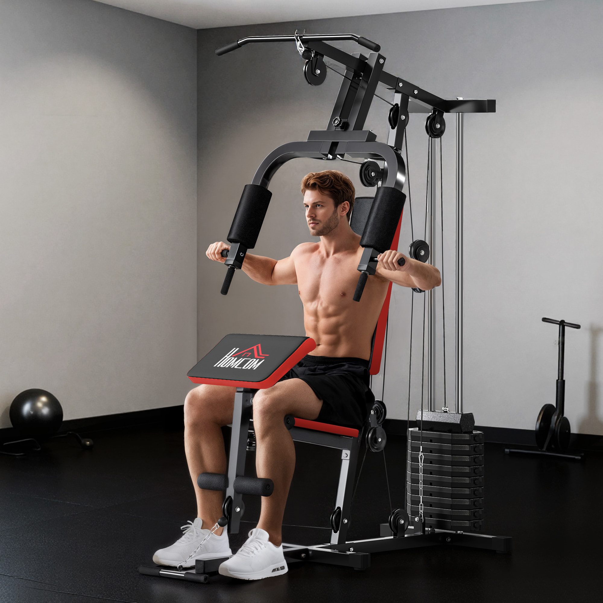 Multiestación Musculación, Máquina de Musculación con Prensa de Pecho, Placas de Peso de 65 kg, Curl de Piernas y Brazos, Polea Mariposa, Carga 100 kg, para Entrenamiento Casa Gimnasio, Negro