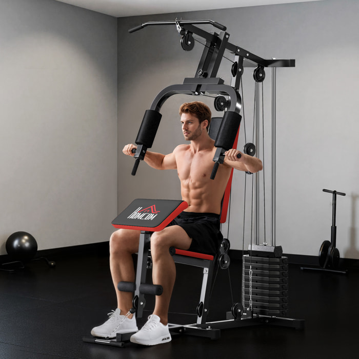 Multiestación Musculación, Máquina de Musculación con Prensa de Pecho, Placas de Peso de 65 kg, Curl de Piernas y Brazos, Polea Mariposa, Carga 100 kg, para Entrenamiento Casa Gimnasio, Negro
