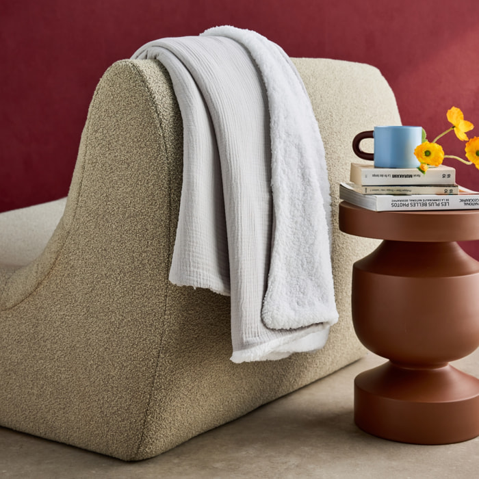 Plaid sherpa et gaze de coton 130 x 170 cm gris. ALIX. bi-matière