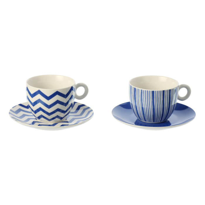 J-Line Tasse + Sous-tasse Ligné - porcelaine - bleu/blanc - large - set de 2