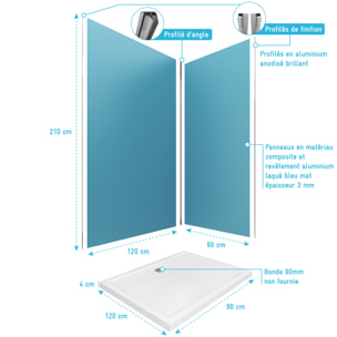 Pack Panneaux Muraux Aluminium Bleu 120+90 - Profilés Chromes + Receveur Acrylique 120x90