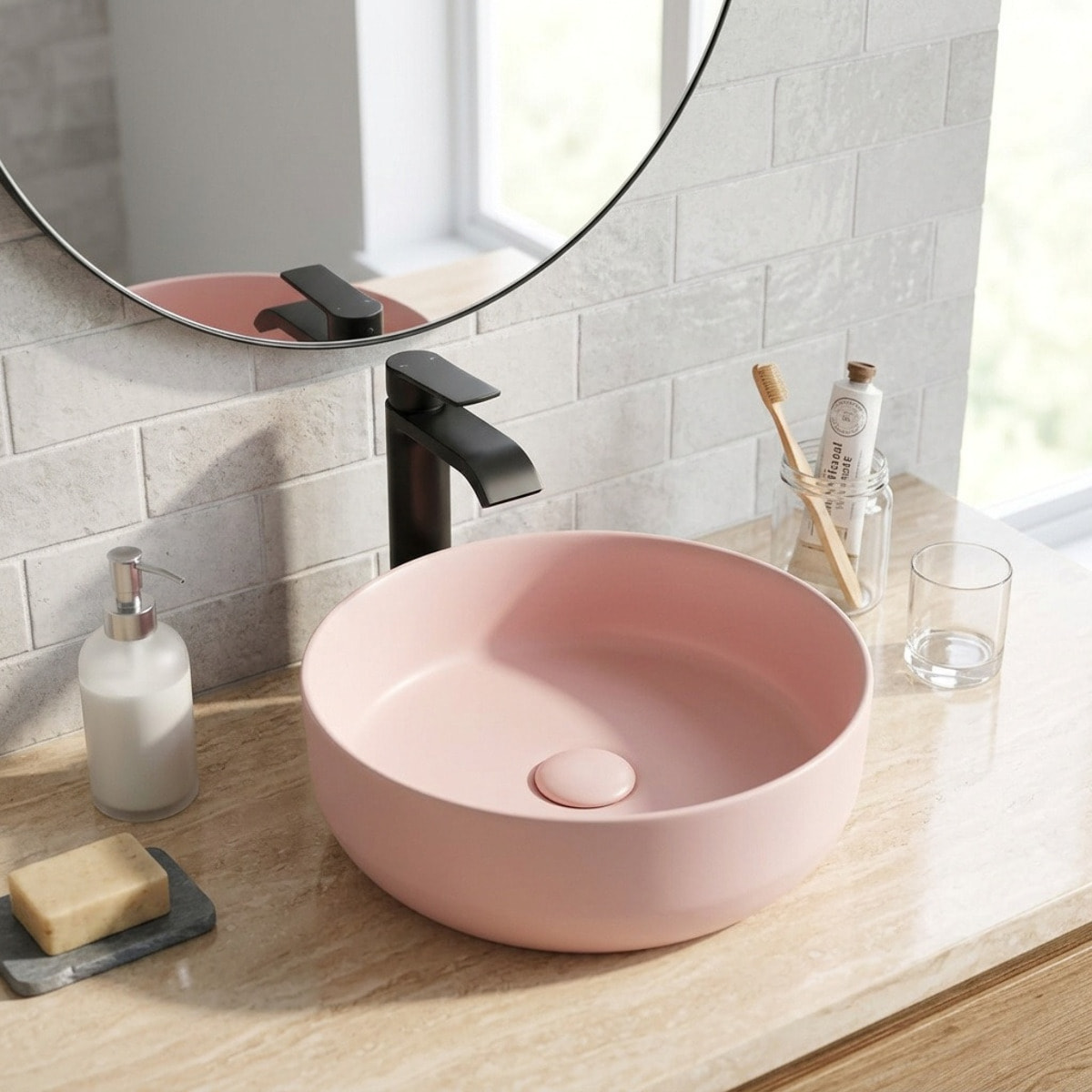 Vasque à poser ronde en céramique diamètre 39 cm - rose mat - sans trop-plein - SAT Infinitio