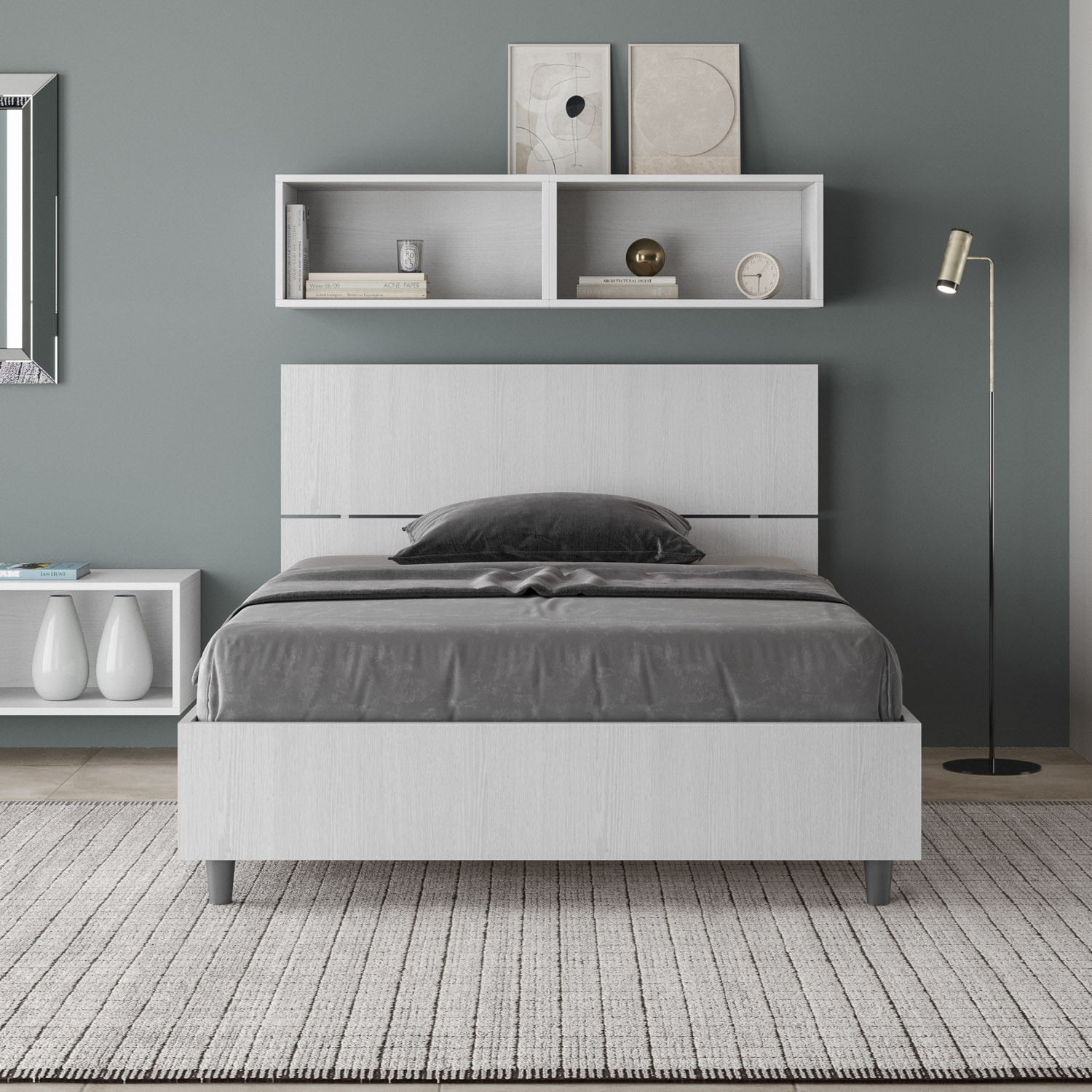 Letto una piazza e mezza contenitore 120x200 testata dritta bianco frassino Demas