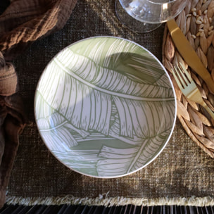 Lot de 6 assiettes creuses 20,5cm en grès à motif vert LEAVES