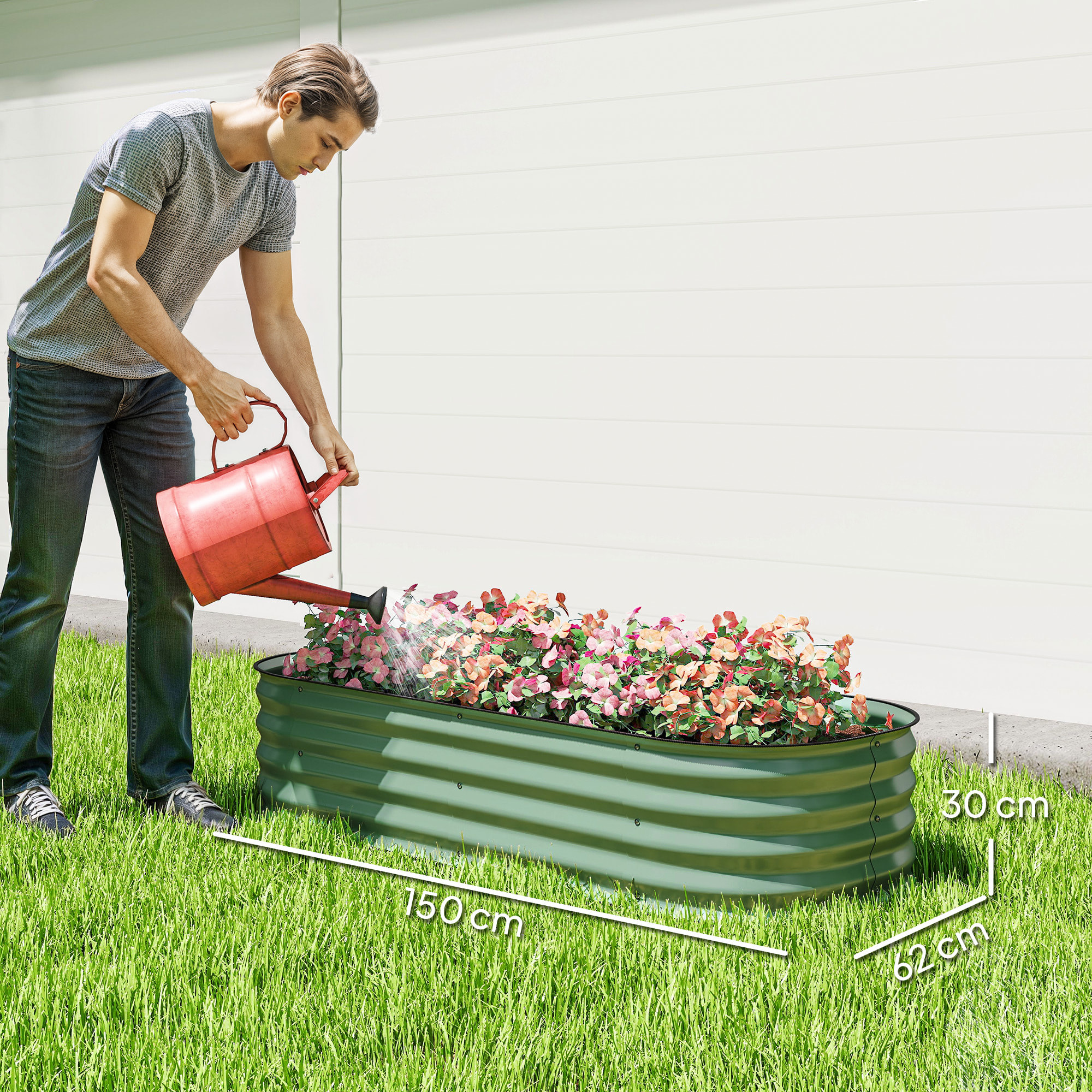 Jardinera Exterior Grande de Acero Galvanizado, Huerto Urbano para Cultivar Plantas, Macetero Exterior con Bordes de Seguridad, Fácil Montaje, Resistente a la Intemperie, 150x62x30 cm, Verde